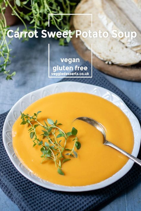 Carrot Sweet Potato Soup - Veggie Desserts Soup Recipes Sweet Potato, Carrot Sweet Potato Soup, Carrot And Sweet Potato Soup, Carrot And Sweet Potato, Potato Soup Recipes, Irish Potato Soup, Recipes Sweet Potato, Sweet Potato Carrot Soup, Veggie Desserts