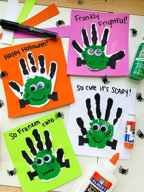 frankenstein handprints Frankinstine Crafts For Kids, Kindergarten Crafts October, Easy Classroom Halloween Crafts, Halloween Crafts Elementary, Trick Or Treat Crafts For Kids, Halloween Spirit Week Ideas For Daycare, Halloween Daycare Decorations, Frankinstine Craft, Halloween Paint Crafts