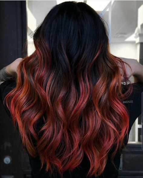 Black Hair With Red, Hair With Red Highlights, Black Hair With Red Highlights, Pelo Color Vino, Long Hair Highlights, Black Red Hair, Red Ombre Hair, Fire Hair, Red Highlights