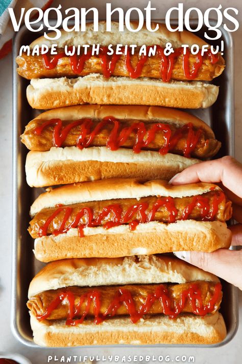 How to Make Vegan Hot Dogs - Plantifully Based Vegetarian Burger Recipe, Vegan Meat Recipe, Vegan Bbq Recipes, Vegan Pepperoni, Vegan Hot Dog, Vegan Crockpot, Vegan Substitutes, Soy Recipes, Vital Wheat Gluten