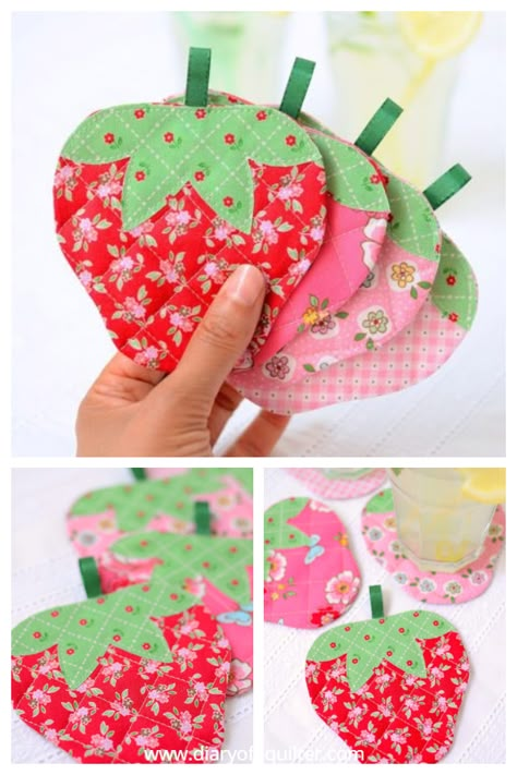 Strawberry Fabric Crafts, Quilted Door Hangings, Strawberry Crafts Diy, Strawberry Sewing, Strawberry Coaster, Strawberry Crafts, Coaster Tutorial, Summer Sewing Projects, Quilted Coasters