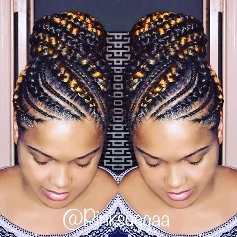 Braided Up-Do Cornrow Braid Bun Styles, Goddess Braids Updo Ponytail, Feed In Braids Mohawk Hairstyles, Jumbo Cornrow Updo Hairstyles, Braided Up Do, Updo Cornrows Braids Black Women, Braided Cornrow Hairstyles Updo, Up Do Braids, Updo Lemonade Braids