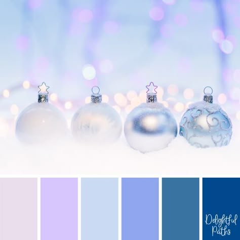 christmas color palette - Silver Christmas Baubles DelightfulPaths.com Purple Christmas Palette, Snowman Color Palette, Christmas Lights Color Palette, Snowflake Color Palette, Christmas Color Pallettes, Winter Wonderland Color Palette, Winter Color Palate, Christmas Pallete Color, Blue Christmas Color Palette