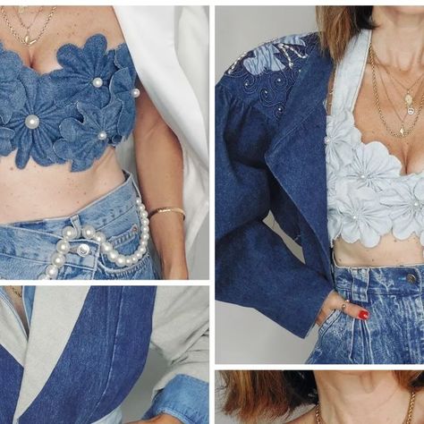 Vintage Upcycled Denim Blue Jeans, Spring Streetwear Recycled Denim Flare Jeans, Fitted Upcycled Denim Jacket, Upcycled Denim Corset, Diamonds Outfit, Upcycled Denim Dress Hippie Boho, Upcycled Accessories, Denim Flowers, Denim And Diamonds