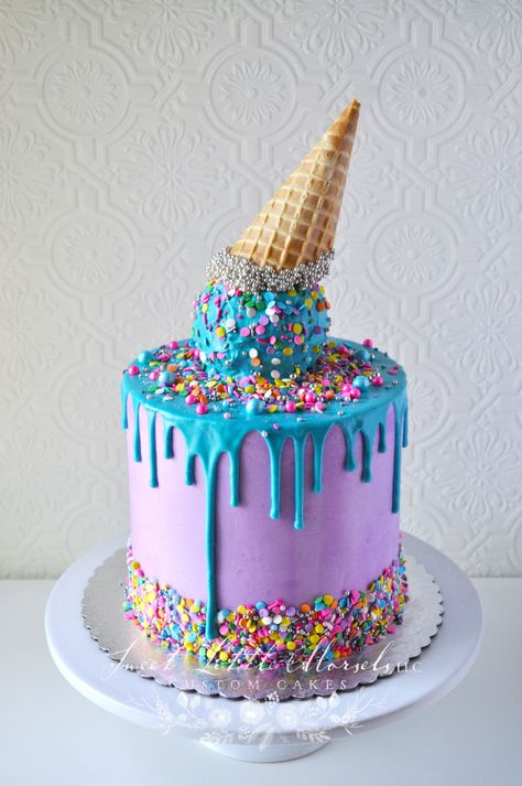 Ice Cream Drip Cake, Fancy Birthday Cakes, Ice Cream Cone Cake, Cake In A Cone, Ice Cream Birthday Cake, Late To The Party, Ice Cream Birthday Party, White Chocolate Ganache, Ice Cream Birthday