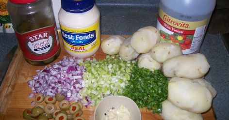 My grandmother from my fathers side (Spanish/ Cuban) whom I call " Tata " makes a wonderful potato salad. It has very Spanish flavors she dr... Grandmas Potato Salad, Leafy Salad, Soda Stream, Cuban Recipes, Minced Onion, Russet Potatoes, Latin Food, Garlic Paste, Fruit Drinks