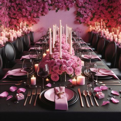 Pink Bday Dinner, Birthday Dinner Set Up Table Ideas, Adult Pink Birthday Party, Black And Pink Table Setting, 40th Birthday Dinner Party Ideas, Glamour Picnic, Birthday Dinner Set Up Ideas, Black Pink And Gold Wedding, Birthday Tablescapes