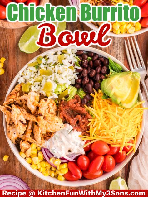 This Chicken Burrito Bowl recipe is the perfect way to enjoy delicious Mexican cuisine at home! It’s smokey, tangy, and filled with veggies that add a pop of freshness and crunch as well. If you are looking for a filling dinner that the entire family will love, I highly recommend this recipe. Mexican Bowl, Mexican Chicken Bowl, Mexican Bowl Recipe, Chicken Taco Bowls, Burrito Bowls Recipe, Fajita Bowls, Chicken Burrito Bowl, Betty Crocker Recipes, Leftover Rotisserie Chicken