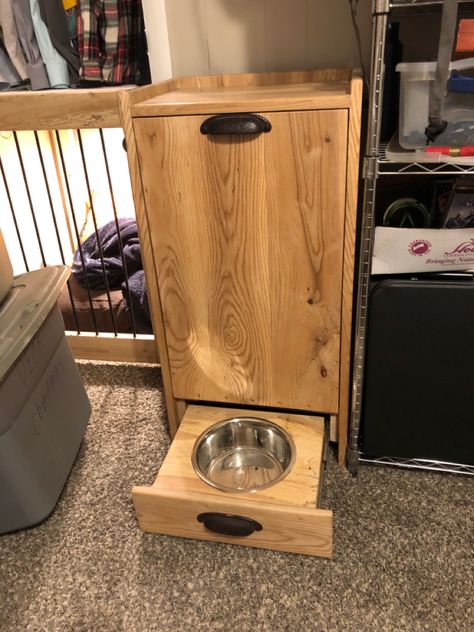 Dog food storage, dog food holder Dog Food Storage Ideas Diy, Dog Food Storage In Pantry, Diy Dog Food Storage Container, Diy Dog Food Stand, Dog Food Storage Ideas, Pet Food Station, Dog Food Holder, Dog Food Dispenser, Dog Food Stands