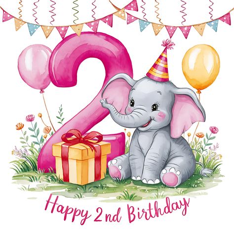 Free Happy 2nd Birthday Elephant Happy 2 Birthday Girl, Happy 2nd Birthday Girl, 2nd Birthday Wishes, Baby Birthday Invitation Card, Birthday Graphics, Birthday Elephant, 2nd Birthday Card, Happy Birthday Wishes Pics, Birthday Wishes For Kids