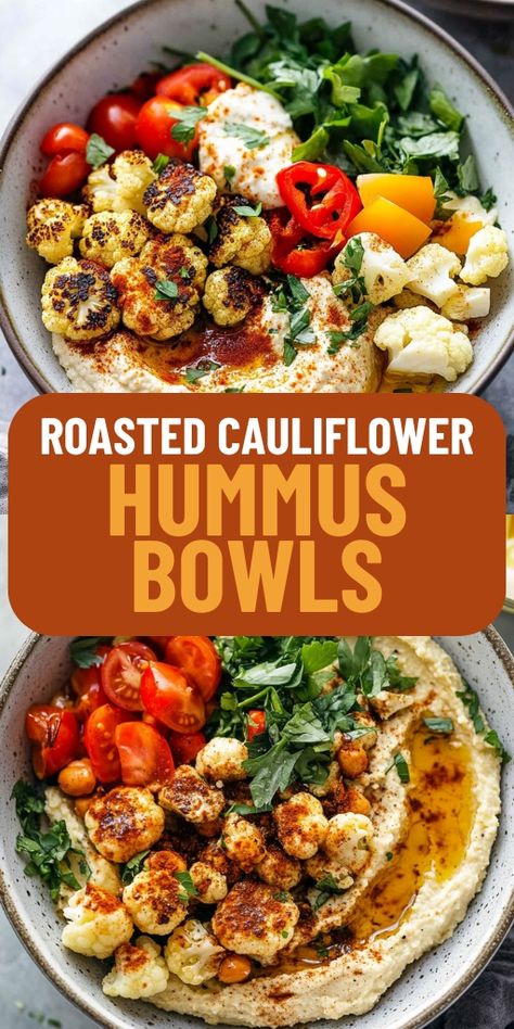 The Roasted Cauliflower Hummus Bowls are a fresh, wholesome dish that’s perfect for any meal! 🥗🌿 With roasted cauliflower, creamy hummus, and a mix of fresh veggies, this bowl is both nutritious and satisfying. It’s easy to prepare and ideal for a healthy lunch or dinner that’s full of flavor.  📌 Pin this recipe to enjoy a healthy and delicious roasted cauliflower hummus bowl anytime! #CauliflowerHummusBowls #HealthyBowls #PlantBasedMeals #WholesomeEats #VegetarianRecipes #MealPrep Hummus Bowls Vegetarian, Hummus And Vegetables, Hummus Dinner Recipes, Whole 30 Hummus, Cauliflower Lunch Ideas, Vegan Hummus Bowl, Cauliflower Hummus Recipe, Roasted Cauliflower Chickpea Potato Bowl, Mediterranean Cauliflower Recipes