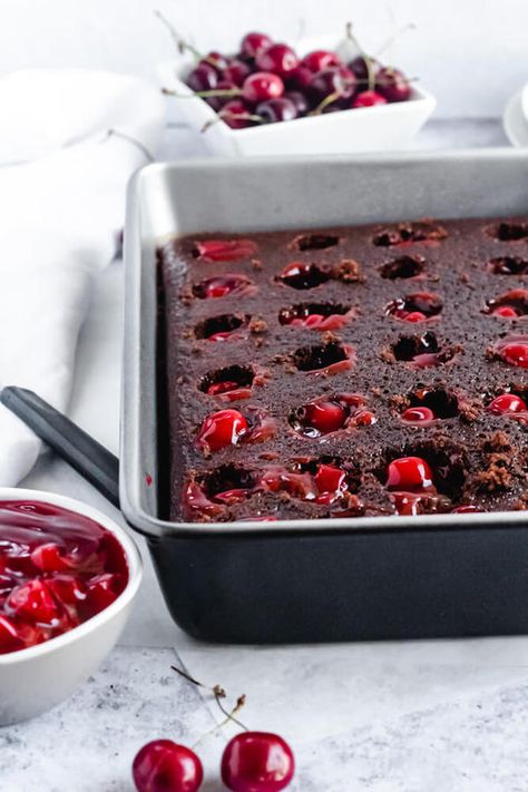 Black Forest Poke Cake ~ Recipe | Queenslee Appétit Black Forest Pudding Cake, Black Forest Cake With Kirsch, Black Forest Poke Cake Recipe, Black Forest Sheet Cake Recipe, Black Forest Sheet Cake, Black Cherry Dessert Recipes, Black Cherry Recipes, Black Forest Poke Cake, Black Cherry Cake