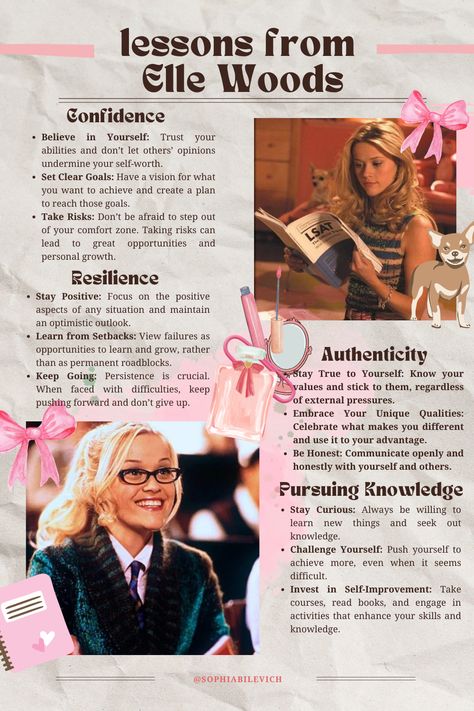 #selfimprovement #glowup #legallyblonde #lessons #lessonsfromellewoods #ElleWoods #confidence #confidencetips #legallyblonde Elle Woods Graduation Speech, Pink Collar Jobs, Elle Woods Workout, Elle Woods Aesthetic Quotes, Legally Blonde Wallpaper Iphone, Elle Woods Hairstyles, Elle Woods Inspiration, Legally Blonde Study Motivation, How To Be Like Elle Woods