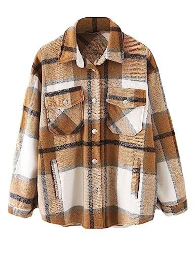 Lviefent Womens Casual Wool Blend Plaid Flannel Shackets Jacket Button Down Shirt Coat #affiliatelink Womens Flannel Jacket, Flannel Women, Flannel Jacket, Plaid Coat, Outfits Fall, Loose Shirts, Fall Style, Plaid Print, Style Outfits