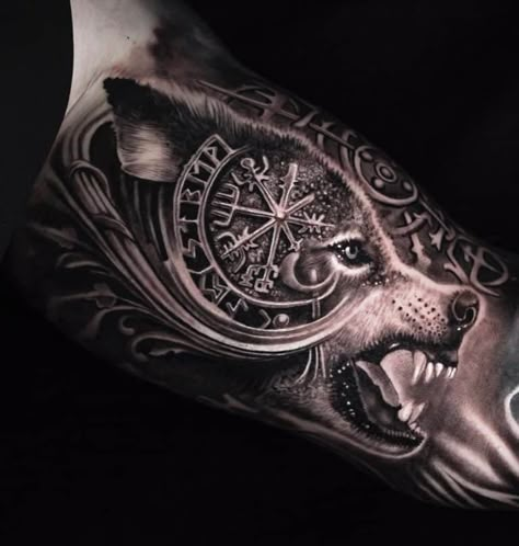 The Viking Wolf: 30+ Fenrir Tattoo Ideas Wolf Tattoo Meaning, Fenrir Tattoo, Viking Warrior Tattoos, Norse Mythology Tattoo, Valkyrie Tattoo, Viking Tattoo Sleeve, Inner Bicep Tattoo, Viking Wolf, Wolf Tattoo Sleeve