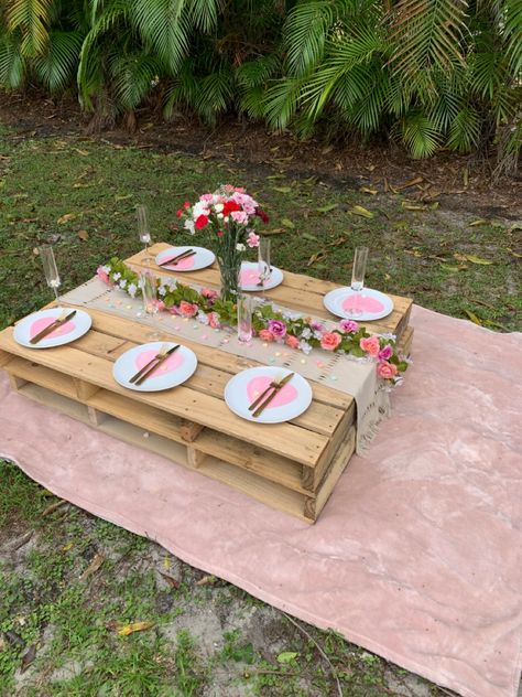 Galentines Picnic Galentines Day, Picnic 21st Birthday Party, Pink Picnic Table, Park Picnic Ideas, Picnic Birthday Party Adult Pink, Galentines Beach Picnic, Rapunzel Wedding Theme, Picnic Business, Picnic Decor