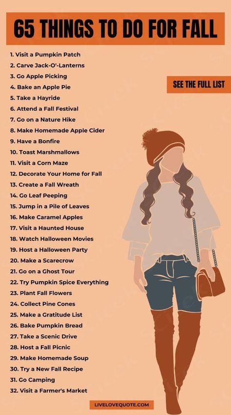 65 fun things to do in the fall! I am SUPER excited for my 2024 Fall bucket list! If you're looking for things to do in autumn I have 65 fall bucket list ideas that will give you the inspo you need. Whether you're looking for a bucket list for families, fall bucket list for couples or fall bucket list for kids you'll find something just for you! I hope you enjoy!
 ... more Fall Bucket List 2024, Fall Bucket List For Couples, Fall Bucket List For Kids, Bucket List Aesthetic, Bucket List For Families, Fall Bucket List Ideas, Autumn Bucket List, List Aesthetic, Fall Board