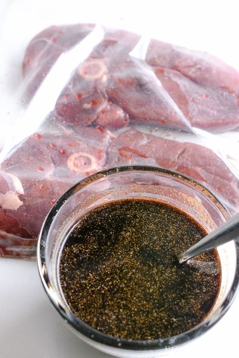 Venison Marinade + Grilled Deer Steak Recipe Backstrap Marinade Venison, Marinade For Deer Tenderloin, Deer Meat Marinade Recipes, Marinade For Moose Steak, Moose Meat Marinade, Deer Loin Marinade, Best Venison Marinade, Venison Loin Recipes Grill, Moose Roast Marinade