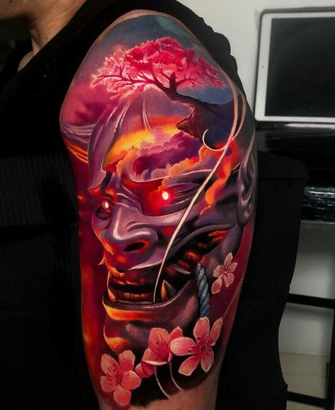 Japanese Demon Tattoo, Japanese Mask Tattoo, Samurai Tattoo Sleeve, Japanese Leg Tattoo, Japanese Back Tattoo, Arm Tattoos Drawing, Oni Tattoo, Hannya Mask Tattoo, American Traditional Tattoo Ideas