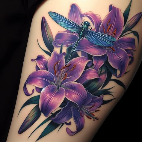 neo japanese style tattoo of purple lillies and a - Image Creator from Microsoft Designer Dragonfly Tattoo Purple, Lillie Tattoos For Women, Purple Lily Tattoo, Lily Tattoo Color, Lily Tattoos For Women, Lilly Tattoo Design, Japanese Style Tattoo, Neo Japanese, Purple Flower Tattoos