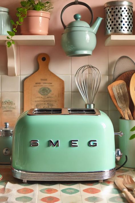 Retro-inspired appliances with bold colors are a highlight of the Kitschen trend, bringing nostalgic charm and personality to kitchens. Popular choices include pastel-colored SMEG toasters, fridges, and mixers, which add a playful touch with hues like mint green, pink, and yellow. This trend celebrates individuality, blending vintage aesthetics with modern functionality, perfect for creating a unique, cheerful kitchen space full of character and retro flair. Smeg Appliances In Kitchen, Green Smeg, Kitchen Smeg, Colored Appliances, Cheerful Kitchen, Smeg Toaster, Vintage Toaster, Retro Kitchen Appliances, Retro Toaster