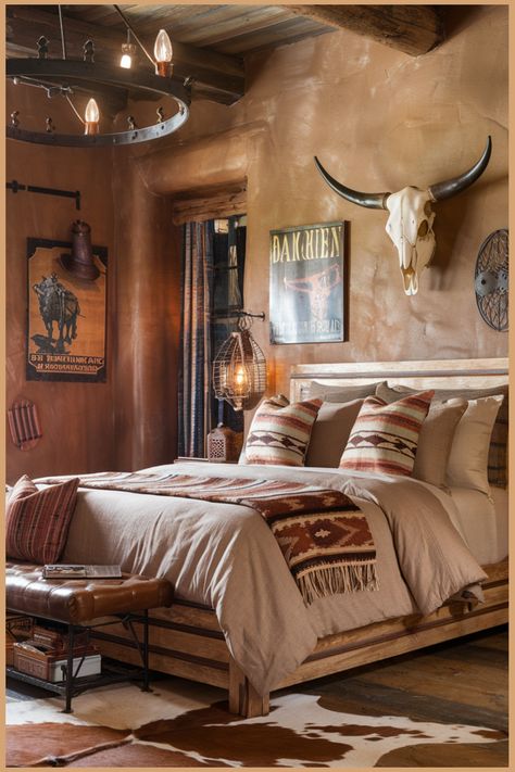 Rustic bedroom with a bed adorned in patterned textiles, a cow skull wall decoration, leather accents, and warm, earthy tones. Mens Aesthetic Bedroom, Diy Western Bedroom, Western Room Theme, Cute Western Bedroom Ideas, Small Western Bedroom Ideas, Cowboy Themed Bedroom, Western Gothic Bedroom, Simple Western Home Decor, Cozy Western Bedroom