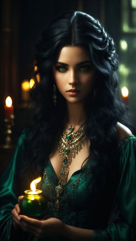 Green Eyes Dark Hair, Black Hair Green Eyes Girl, Spells And Potions, Black Hair Green Eyes, Ebony Hair, Fantasy Queen, Hair Green Eyes, Girl With Green Eyes, Amazon Affiliate Marketing