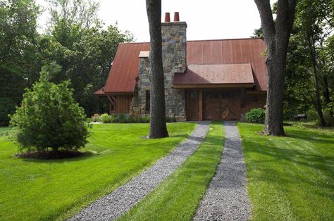 Northern European style home with refined rustic touches in Minnesota Grass Driveway, Permeable Driveway, Modern Driveway, American Barn, Stone Chimney, Stone Driveway, European Style Homes, Carriage Doors, Gravel Driveway