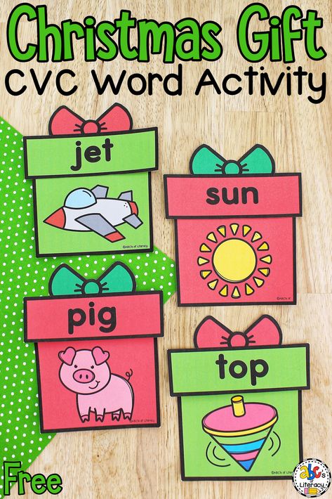 Preschool Christmas Literacy Activities, Winter Centers Kindergarten, December Kindergarten Activities, Cvc Words Activity, Christmas Literacy Centers, Christmas Reading Activities, Christmas Literacy Activities, Free Preschool Activities, Kindergarten Christmas Crafts