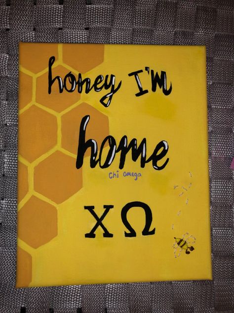 Yellow Sorority Canvas, Phi Mu Paintings, Sorority Painting Canvases, Easy Sorority Canvas, Sorority Crafts Canvases, Honeycomb Painting, Sorority Canvas Ideas, Alpha Phi Canvas, Phi Mu Canvas