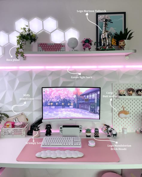 L Desk Pc Setup, Desk Setup Aesthetic Gaming, Female Gamer Setup, Female Gamer Room, Girly Computer Desk Setup, White Desk Setup Aesthetic, Single Monitor Gaming Setup, Female Gaming Setup, Desk Mat Aesthetic