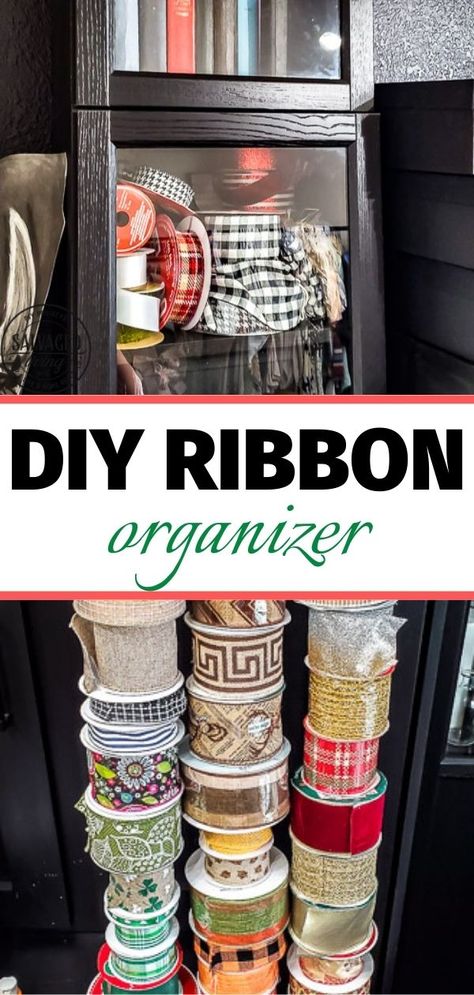 If your craft ribbon is getting out of control like mine was, you will LOVE this DIY ribbon organizer. It's easy, inexpensive and a great way to store all of that ribbon! #salvagedliving #diyribbonorganizer #diyribbonstorage #craftroomstorage Ribbon Roll Storage Ideas, How To Store Rolls Of Ribbon, Ribbon Organization Diy, Craft Ribbon Organization, Wreath Supply Storage, Ways To Store Ribbon Rolls, Diy Ribbon Organization Ideas, Organize Ribbon Rolls, Diy Ribbon Holder Organization Ideas