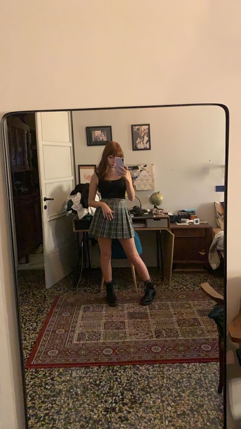 Black top, pleated checkered grey skirt, doc martens #outfit #pleated #checkered #docmartensstyle #black #grey Skirt Doc Martens Outfit, Japan Fits, Dark Outfit, Martens Outfit, Doc Martens Style, Doc Martens Outfit, Grey Skirt, Dark Outfits, Gray Skirt