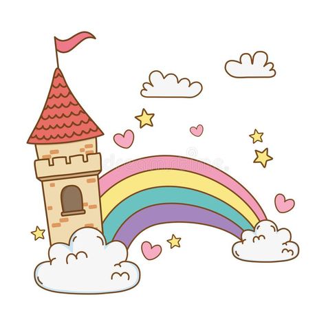 Clouds With Rainbow, Rainbow Scene, Castle Fairytale, Castle In The Clouds, Homecoming Decorations, Child Guidance, Rainbow Drawing, Castle Drawing, Headband Crafts