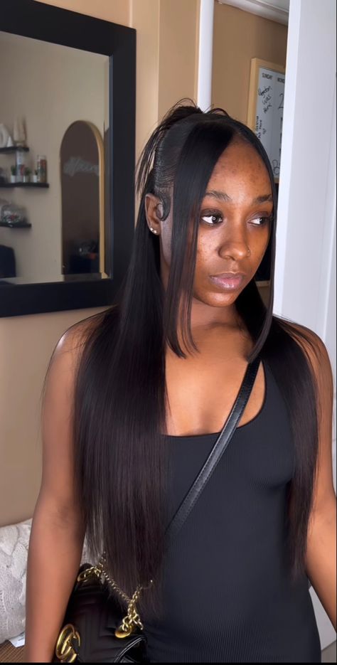 Half Up Half Down Hair Two Strands, Half Up Half Down Swoop Straight Hair, Half Up Half Down With Two Strands, Half Up Half Down With Side Part, Half Up Half Down Middle Part, Straight Backs, Quick Weaves, Slick Ponytail, Natural Straight Hair