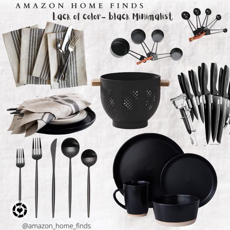 We gathered up some of our favorite minimalist black kitchen accessories. * Solino Home Linen Stripe Dinner Napkins – 20 x 20 Inch, Set of (4) Handcrafted with 100% Pure Linen European Flax - $34 * welltop 9-Piece Stainless Steel Measuring Cups and Spoons Set, Perfect Measures for Liquid and Dry Ingredients, Including 4 Nesting Cups and 5 Stackable Spoons w/ Ring Connector - $19 * Metal Colander with Wood Handle, 5.5 Quart Powder Coated Steel Large Kitchen Strainer Stable Base, Matte Black - Matte Black Kitchen Accessories, Kitchen Items List, Neutral Dinnerware, Wood Kitchen Accessories, Black Kitchen Accessories, Matte Black Kitchen, Stainless Steel Measuring Cups, Measuring Cups And Spoons, Kitchen Strainer