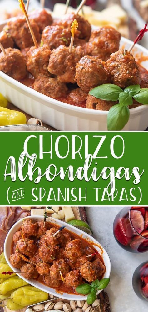 Chorizo Appetizer, Albondigas Meatballs, Spanish Meatballs, Tapas Platter, Appetizer Meatballs, Tapas Recipes, Spicy Tomato Sauce, Meat Appetizers, Spanish Tapas