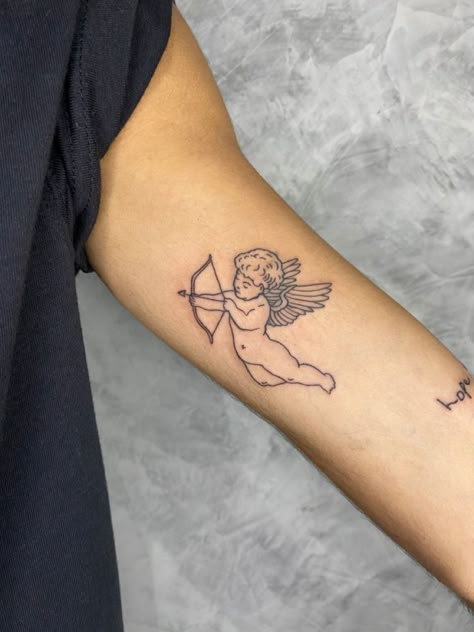 Cupid Tattoo Women, Angel Tattoo Ideas For Women, Small Cupid Tattoo, Mini Angel Tattoo, Small Angel Tattoos For Women, 2 Angels Tattoo, Cute Devil Tattoo, Angel Baby Tattoo, Black Angel Tattoo