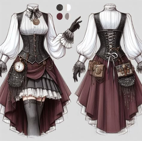 Steampunk Pirate Character Design, Steampunk Dress Drawing, Steampunk Outfits Drawing, Anime Steampunk, Oc Outfits, Dress Design Drawing, Clothing Design Sketches, Fashion Drawing Dresses, Fantasy Dresses