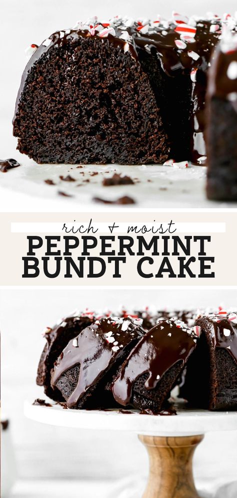 This chocolate peppermint bundt cake is the perfect Christmas gathering dessert! It has a moist chocolate cake with a shiny chocolate peppermint ganache. Chocolate Peppermint Bundt Cake, Peppermint Bundt Cake, Peppermint Ganache, Chocolate Peppermint Cake, Butternut Bakery, Peppermint Cake, Peppermint Chocolate, Easy Holiday Desserts, Chocolate Bundt