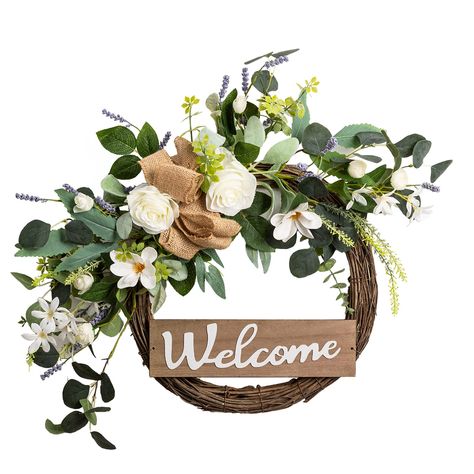 PRICES MAY VARY. 【Beautiful Green Eucalyptus Wreath】: The wreaths for front door is handmade by floral designers with carefully chosen good quality materials. We focus on providing stunning realistic looking outdoor wreath. The welcome wreath with vivid letter "Welcome" that features 3D effect, create a warm and hospitable atmosphere for your home. 【Perfect Durable Decoration】: This christmas wreath is very full and vibrant in color and texture. The bottom support is made of natural rattan, whic Welcome Wreaths, Halloween Wreaths For Front Door, Wreath For All Seasons, Eucalyptus Christmas, Wreaths Design, Wreath For Christmas, Outdoor Wreath, Artificial Eucalyptus, Fall Front Door