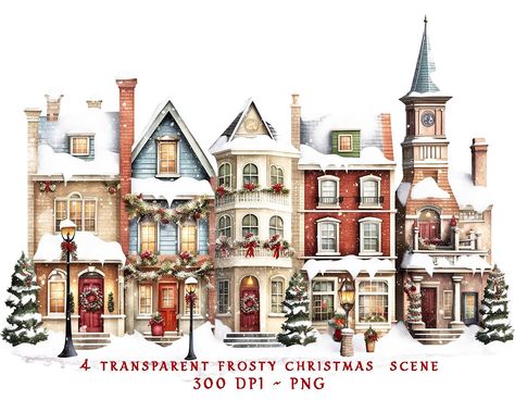 Christmas Village Clipart, Christmas Village Watercolor, Christmas Town Illustration, Christmas Village Illustration, Christmas Village Art, Farmhouse Clipart, House Png, Landscape Clipart, Watercolor Holiday