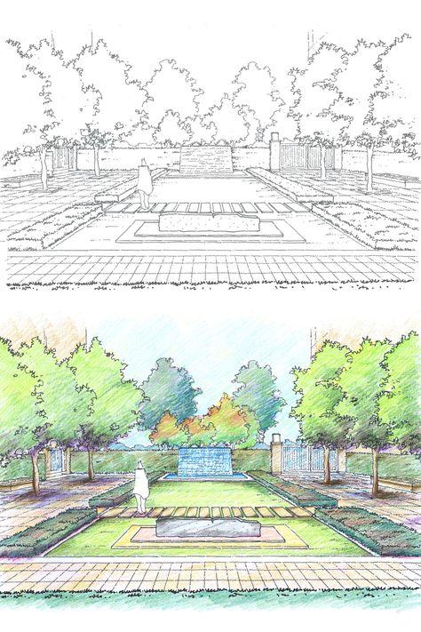 Villa courtyard and garden design with modern lawn and water feature. Pen and colour pencil medium. Perspective Garden Drawing, Courtyard Sketch, Garden Sketch Drawing, Garden Design Sketch, Modern Lawn, Villa Courtyard, Conceptual Model Architecture, Landscape Design Drawings, Landscape Architecture Drawing