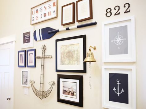 3 tips for creating a gallery wall you love. Saving Inspiration, Nautical Gallery Wall, Coastal Gallery Wall, Anchor Wall Decor, Gallery Wall Design, Wall Design Ideas, Nautical Living Room, Wall Decoration Ideas, Gallery Wall Living Room