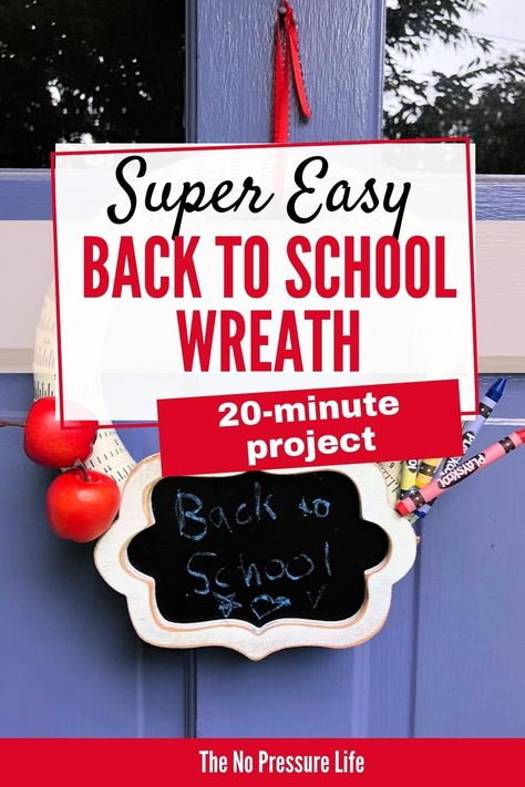 Learn how to make an easy DIY back to school wreath in less than 20 minutes with this simple tutorial. It's cute for your front door and a great way for teachers to welcome kids to the classroom on the first day of school. #backtoschool #diycrafts Back To School Wreath Diy, Back To School Wreath Front Doors, Back To School Wreath, Small Chalkboard Signs, School Wreaths, Diy Back To School, Diy And Crafts Sewing, Office Door, Crafts To Make And Sell