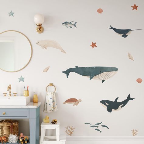 Under the sea Under the sea Darling it’s better Down where it’s wetter Take it from me Grab these at 25% off!! @rockymountaindecals || under the sea decals Whimsical Sea Creatures, Ocean Kids Bathroom, Ocean Decals, Sea Kids Room, Ocean Kids Room, Shark Bathroom, Whale Wall Decals, Under The Sea Nursery, Animal Decals