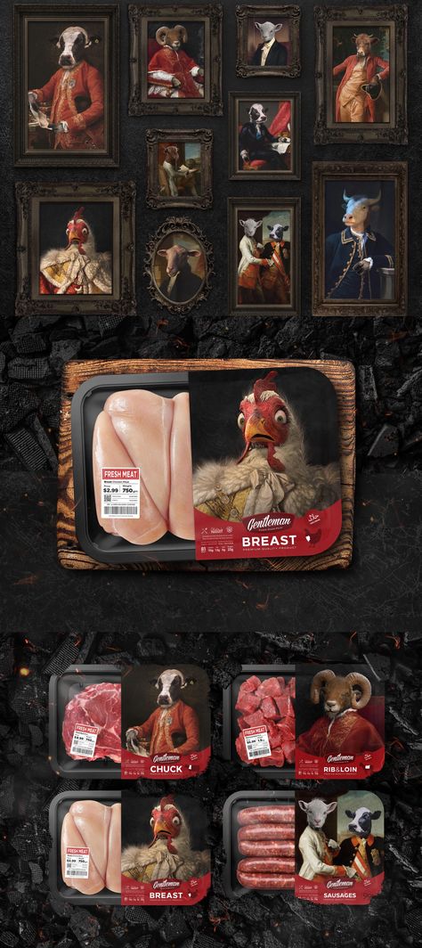 Studio Metis - Gentleman Meat New Packaging Designed by Studio Metis – Gentleman is a brand of fresh meat products that started its activity in 2019. Gentleman's first campaign featured engaging characters, which attracted a large audience. Gentleman brand needed a campaign similar to the previous packaging for new products and updates of previous products, our goal was a small change and update in color and pagination. – #food #packagingdesign #wbds Meat Packing Design, Meat Branding Design, Large Audience, Meat Box, Protein Meats, Promo Flyer, Meat Delivery, Meat Products, Meat Packing