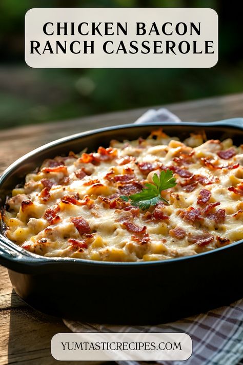 Simplify dinner with this irresistible chicken bacon ranch casserole! Packed with bold flavors, creamy textures, and cheesy goodness, it’s a satisfying meal that comes together in no time. Add it to your dinner rotation now!  #EasyDinnerRecipes #ChickenCasserole #BaconAndCheese #RanchSeasonedDishes #FamilyFavoriteMeals Chicken Ranch Bake Casserole Recipes, Chicken Bacon Recipes Healthy, Dinners Using Bacon, Bacon Ranch Chicken Bake, Chicken Bacon Cheese Recipes, Chicken Bacon Ranch Rice Casserole, Meals With Bacon, Bacon Dinner Recipes, Risoni Recipes