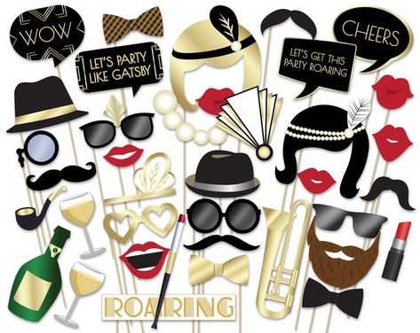 Gatsby Photo Booth props. Printable Great Gatsby photo props. | Etsy Gatsby Photo Booth, Roaring 20s Party Decorations, Jazz Theme, Great Gatsby Party Decorations, 20s Party Decorations, Gatsby Decorations, Party Photobooth, Gatsby Party Decorations, Party Like Gatsby