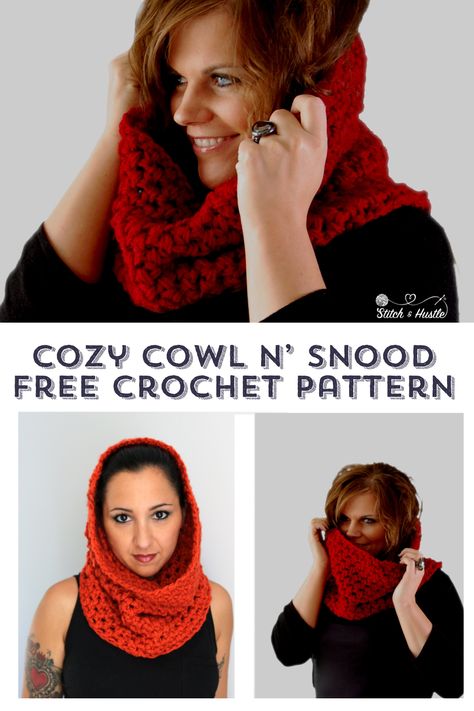 Cozy-cowl-snood-free-crochet-pattern Crochet Afghans Easy, Hooded Cowl Crochet Pattern, Crochet Hooded Cowl, Easiest Crochet, Snood Pattern, Crochet Snood, Crocheted Scarves, Crochet Cowl Free Pattern, Crochet Cowls